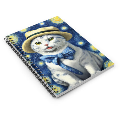 Starry Night Cat Spiral Notebook — Cute Cat with Hat & Bow Journal (Ruled)