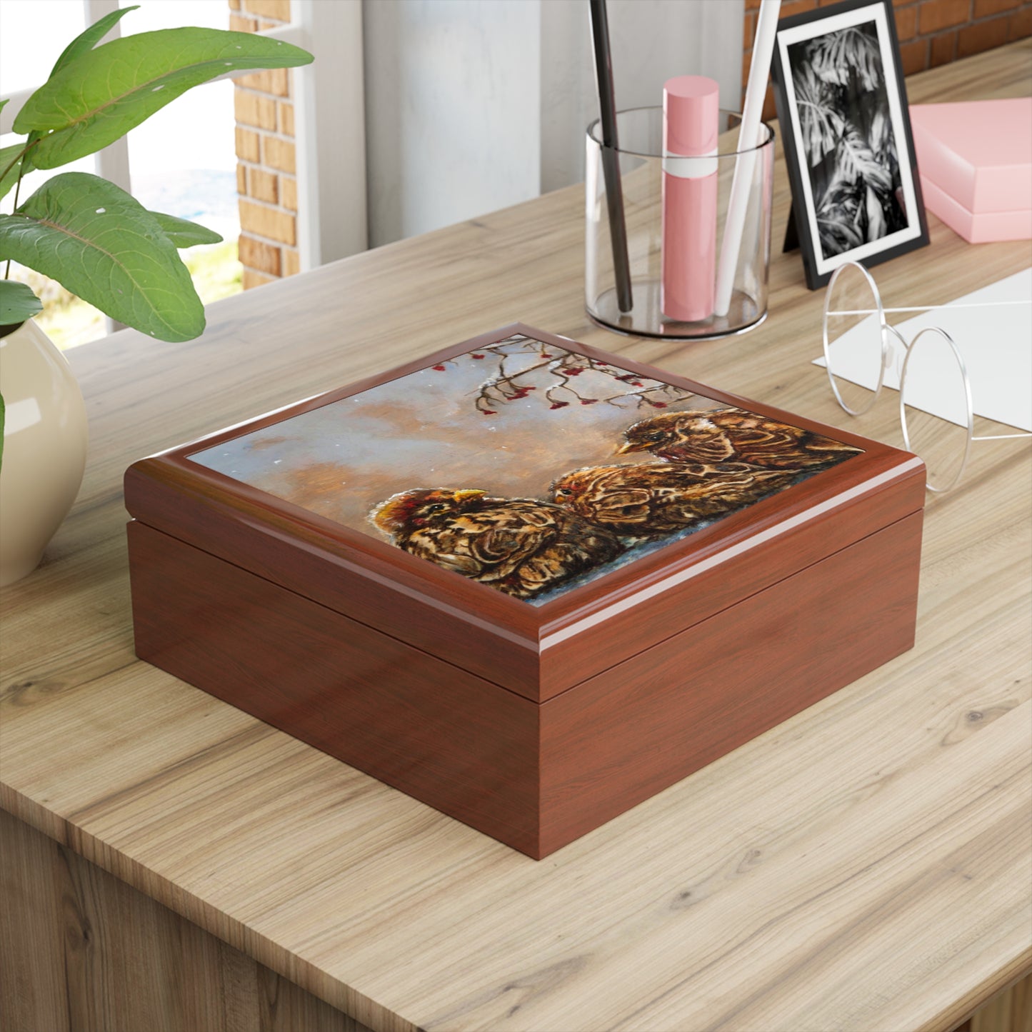 Jewelry/Keepsake Box - Sparrows - Wood Lacquer Box  golden oak