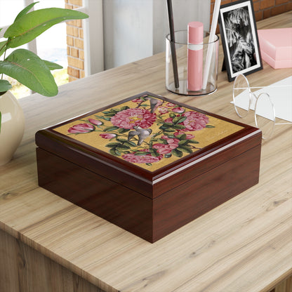 Lacquered Jewelry Keepsake Box - Floral Design mahogany