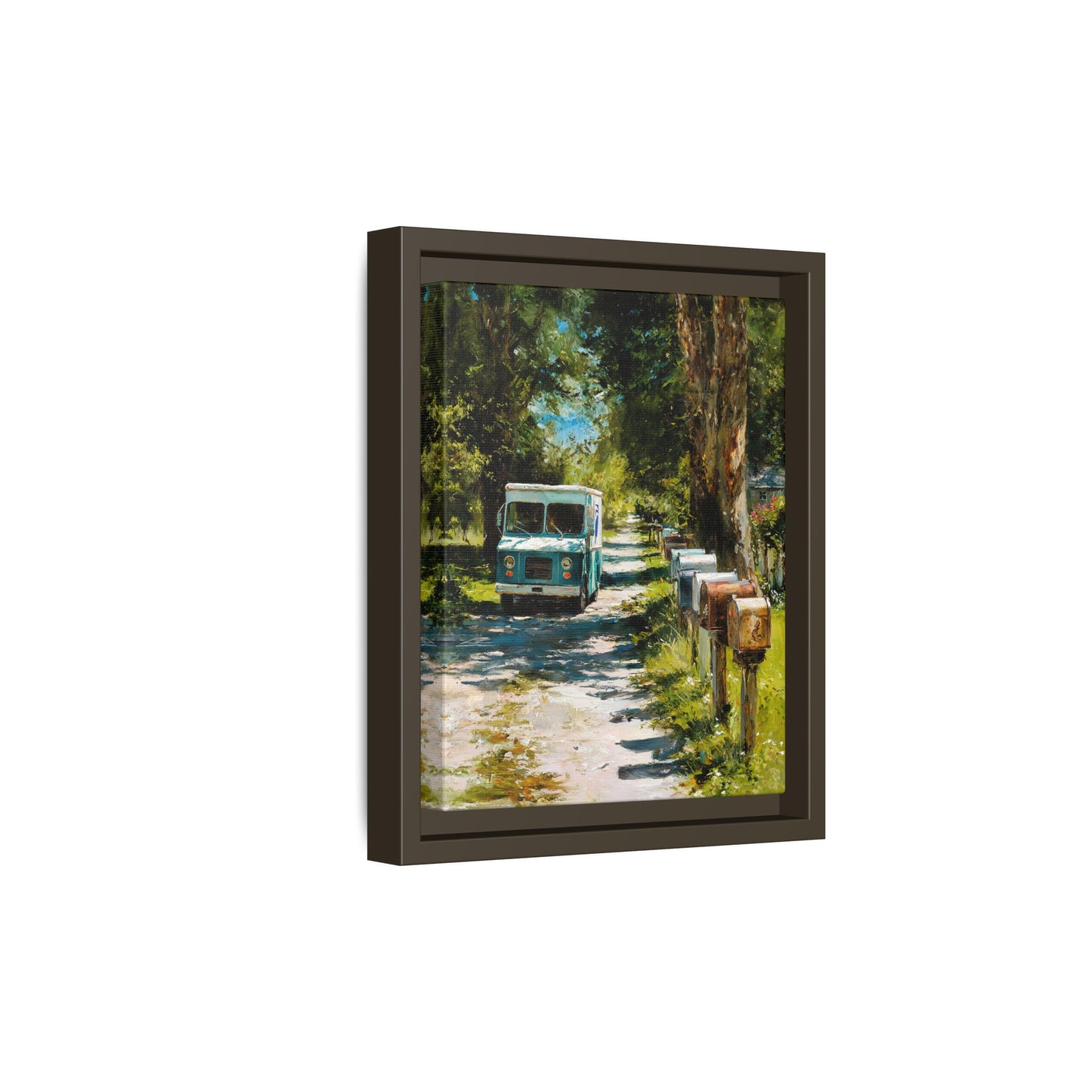 Framed Matte Canvas Print — Vintage Mail Truck on Country Road Wall Art