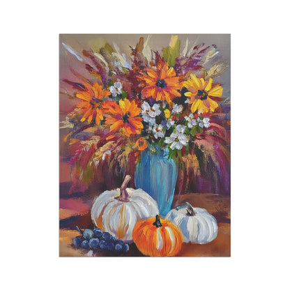 Painting of flowers and pumpkins on a table with a colorful background