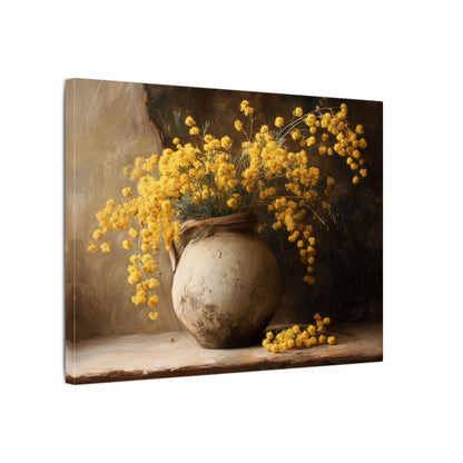 Mimosa Still Life Canvas Print — Rustic Vase Wall Art