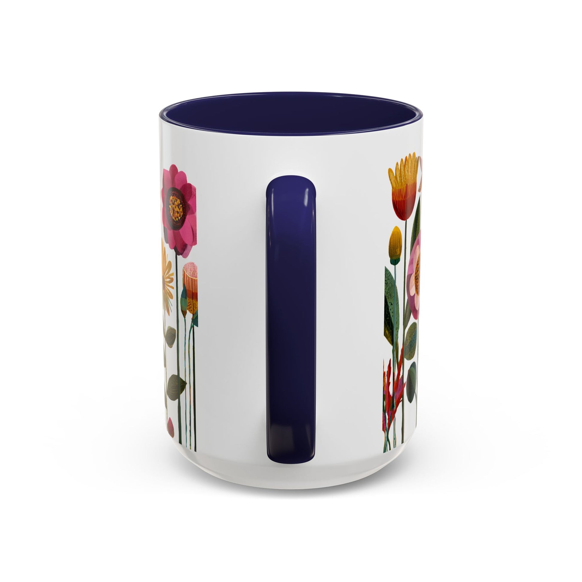 Blue and White 15 oz mug with floral designs and a blue handle on a white background