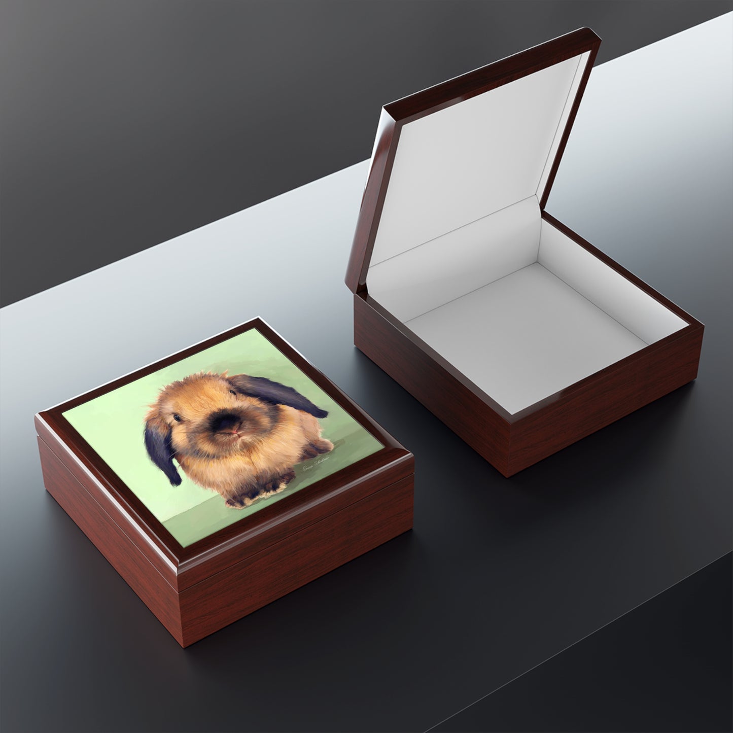 Jewelry / Keepsake Box - Holland Lop Rabbit - Lacquered Box open box
