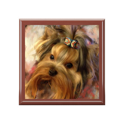 Boîte à bijoux/souvenir - Yorkshire Terrier avec nœud - Boîte en laque 7x7x3in