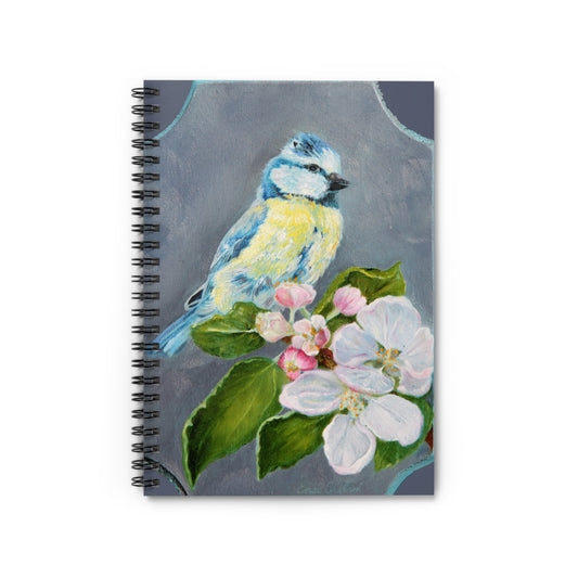 Blue Tit Bird Floral Spiral Notebook — Lined Journal for Nature Lovers, Spring Gift
