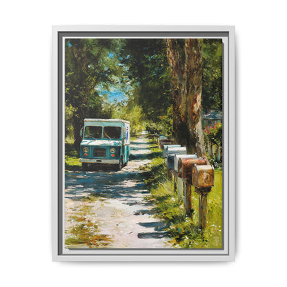 Framed Matte Canvas Print — Vintage Mail Truck on Country Road Wall Art