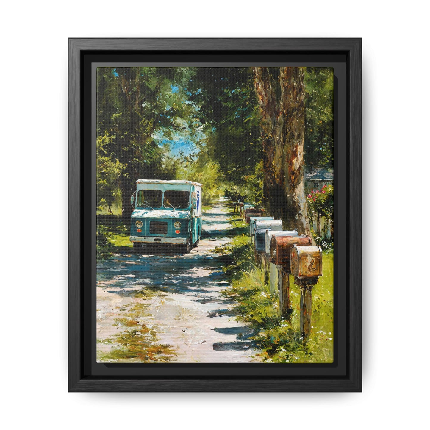 Framed Matte Canvas Print — Vintage Mail Truck on Country Road Wall Art