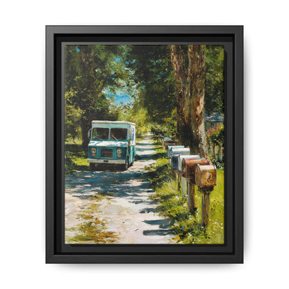 Framed Matte Canvas Print — Vintage Mail Truck on Country Road Wall Art