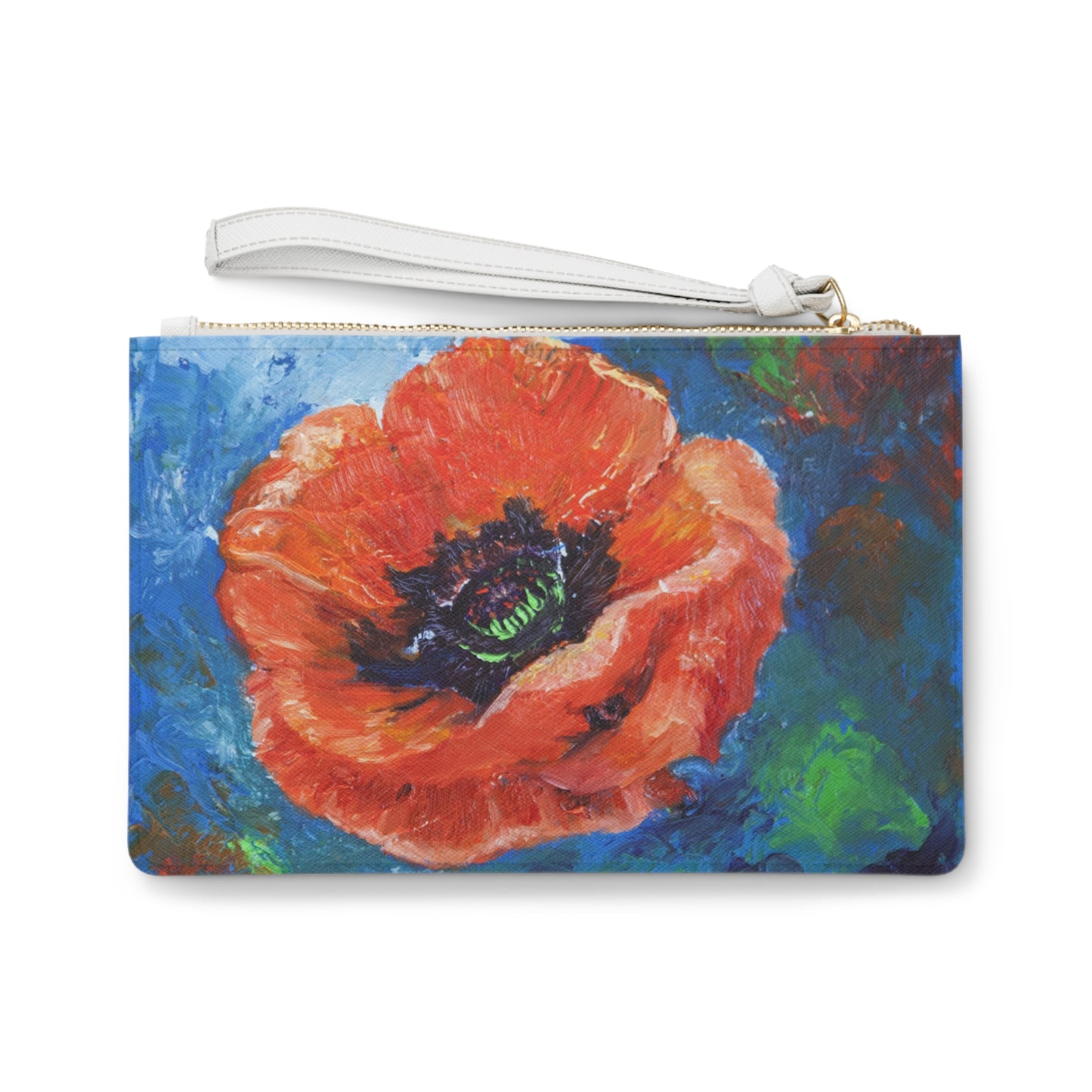 Red Poppy Vegan Leather Clutch Bag - Saffiano Wristlet Purse with Loop Handle, Floral Evening Bag