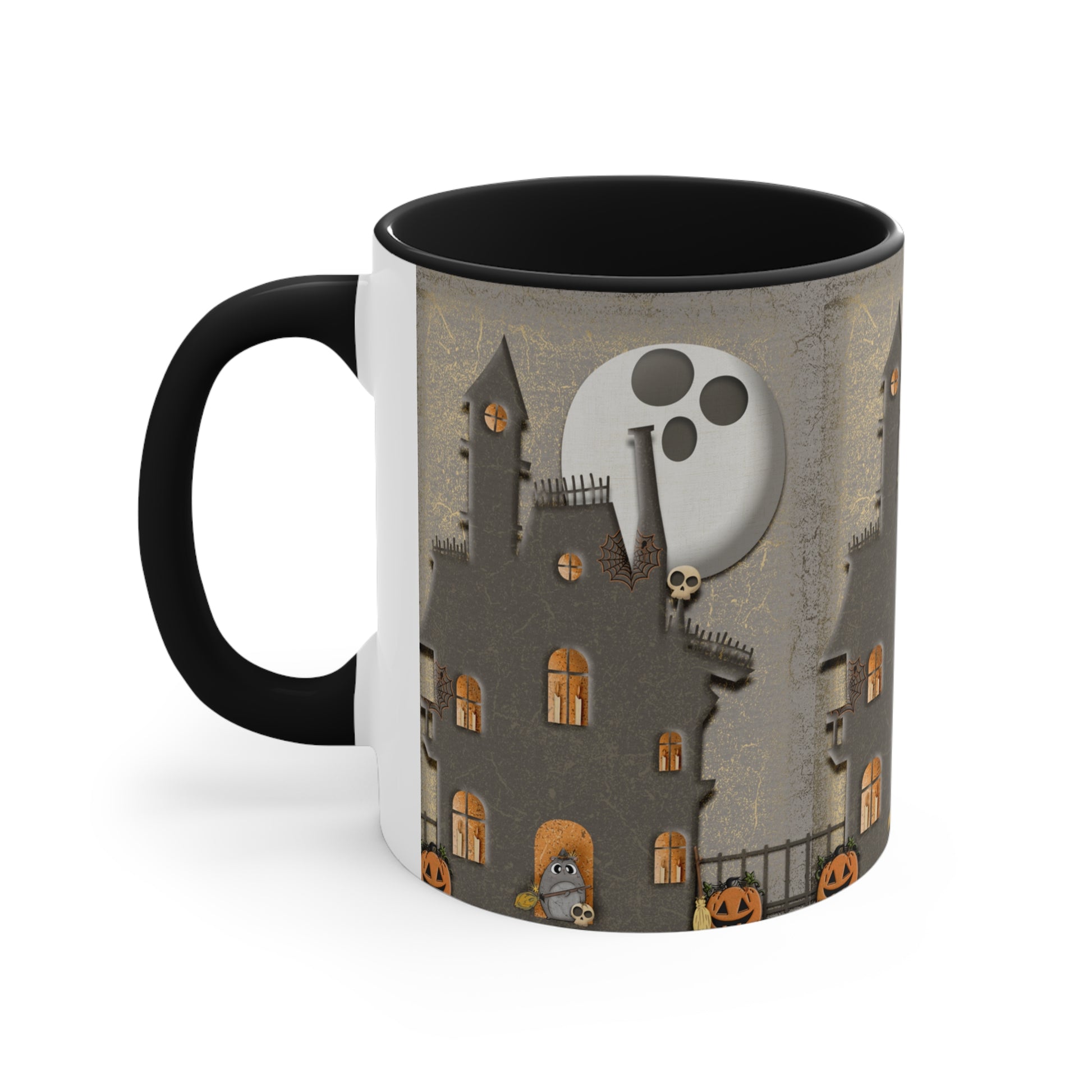 Two Tone Accent Coffee Mug, 11oz - Haunted House black handle