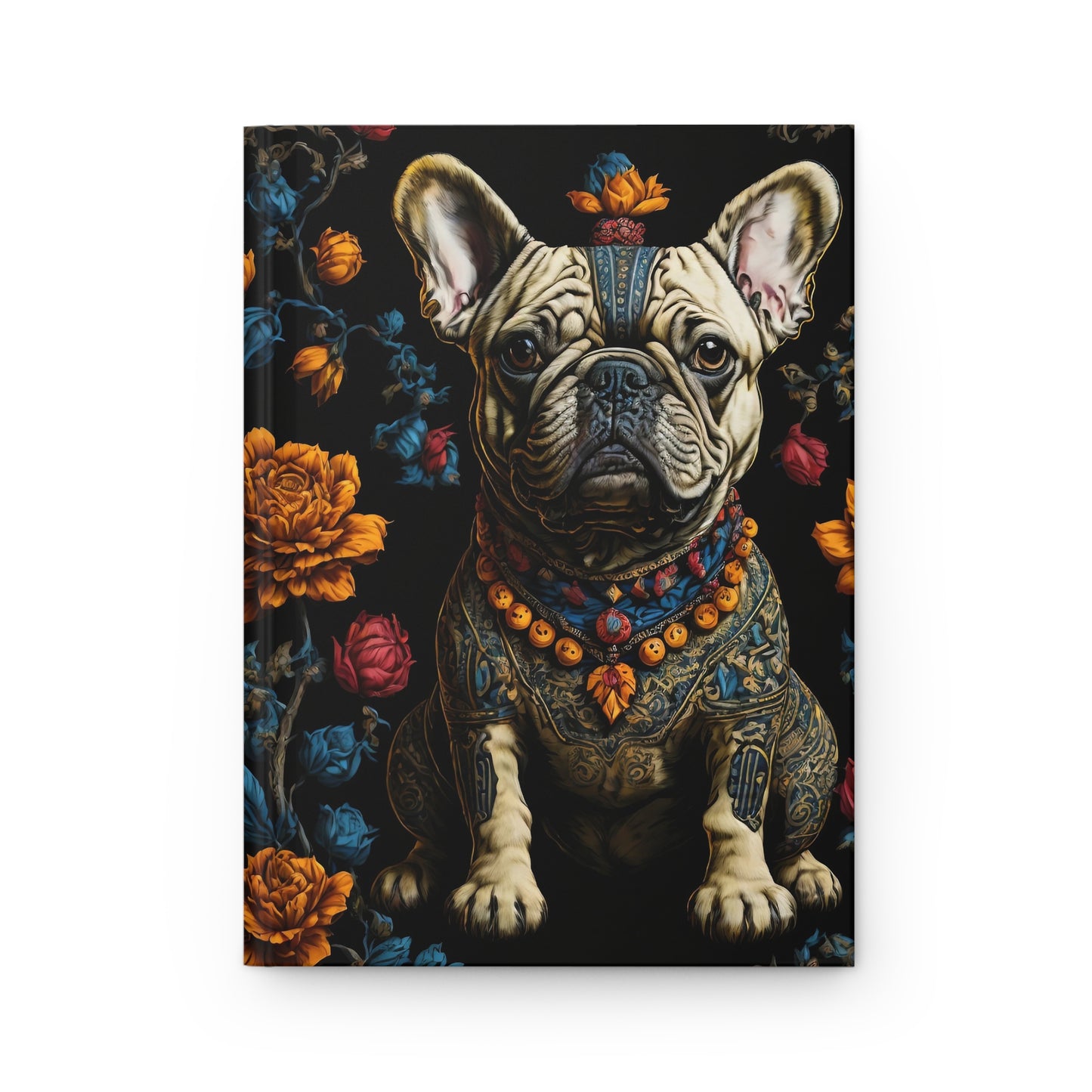 Decorative notebook with a bulldog illustration on a floral background