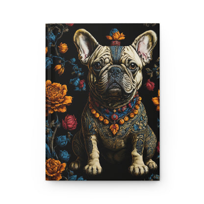 Decorative notebook with a bulldog illustration on a floral background