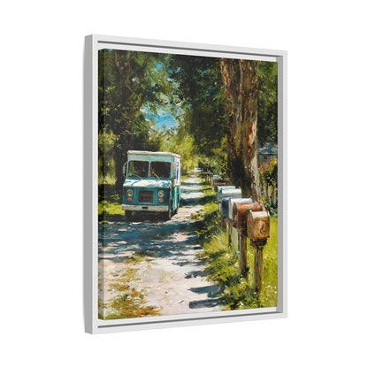 Framed Matte Canvas Print — Vintage Mail Truck on Country Road Wall Art