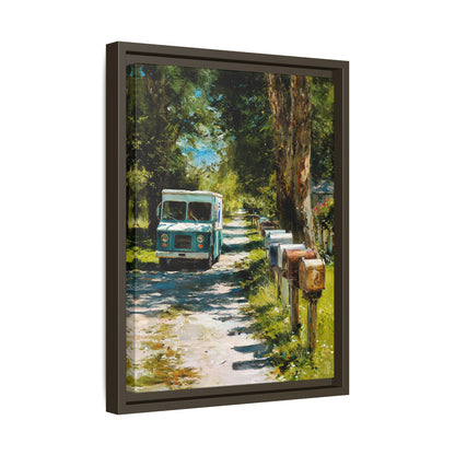 Framed Matte Canvas Print — Vintage Mail Truck on Country Road Wall Art