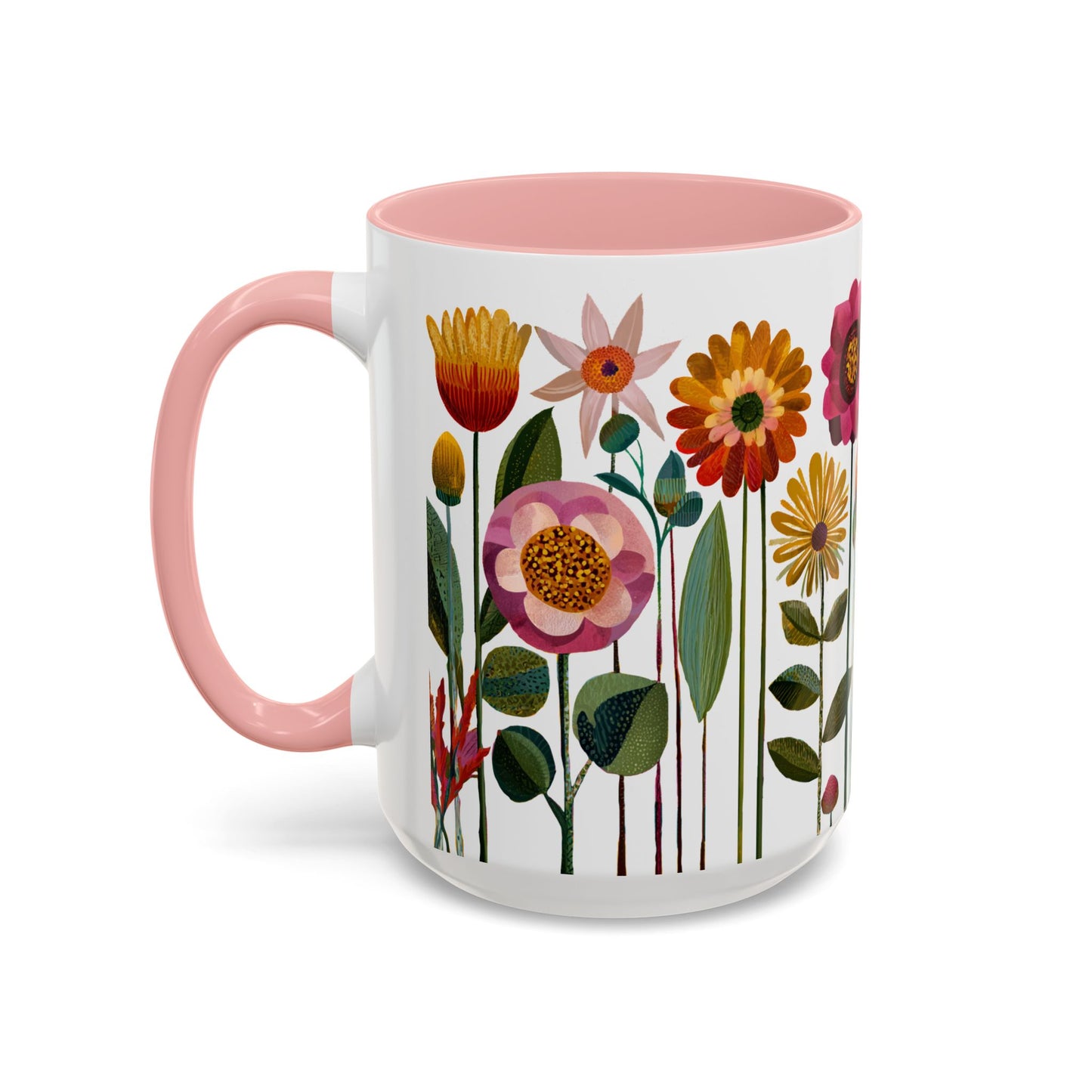 Pink Mug 15 oz with floral design and pink handle on a white background