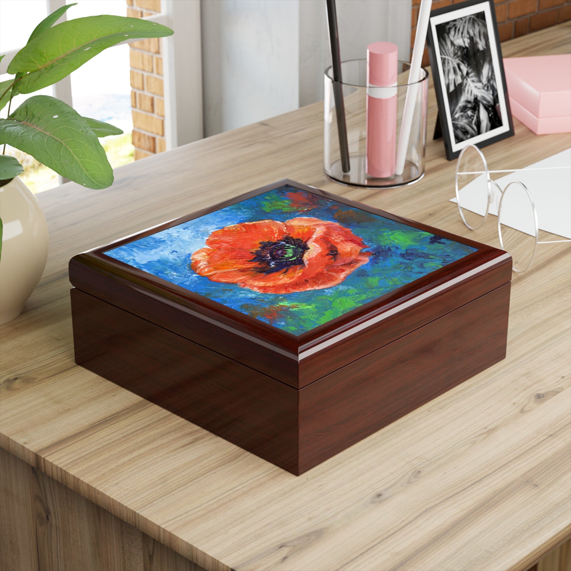 Keepsake/Jewelry Box - Poppy Flower Ceramic Tile Lid mahogany