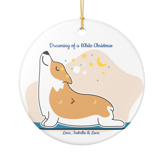 Corgi 'Dreaming of a White Christmas' Ceramic Ornament — Personalized Holiday Pet Keepsake