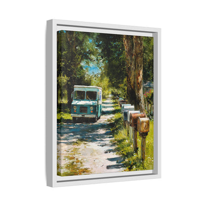 Framed Matte Canvas Print — Vintage Mail Truck on Country Road Wall Art