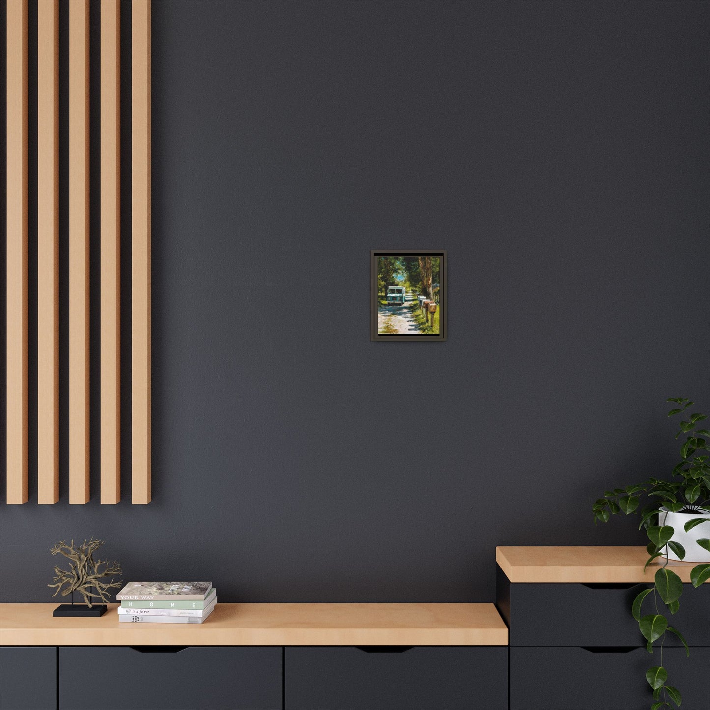 Framed Matte Canvas Print — Vintage Mail Truck on Country Road Wall Art