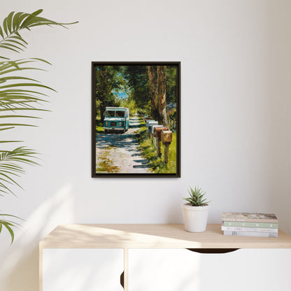 Framed Matte Canvas Print — Vintage Mail Truck on Country Road Wall Art