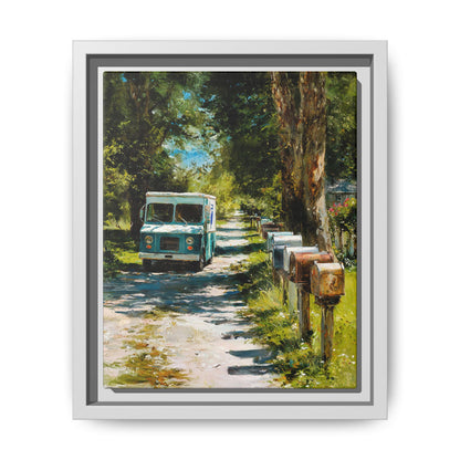 Framed Matte Canvas Print — Vintage Mail Truck on Country Road Wall Art
