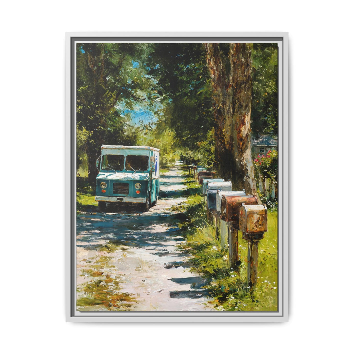 Framed Matte Canvas Print — Vintage Mail Truck on Country Road Wall Art