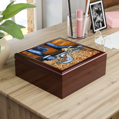 Jewelry Box/ Keepsake Box - Little Visitors Sparrows - Lacquer Box  mahogany