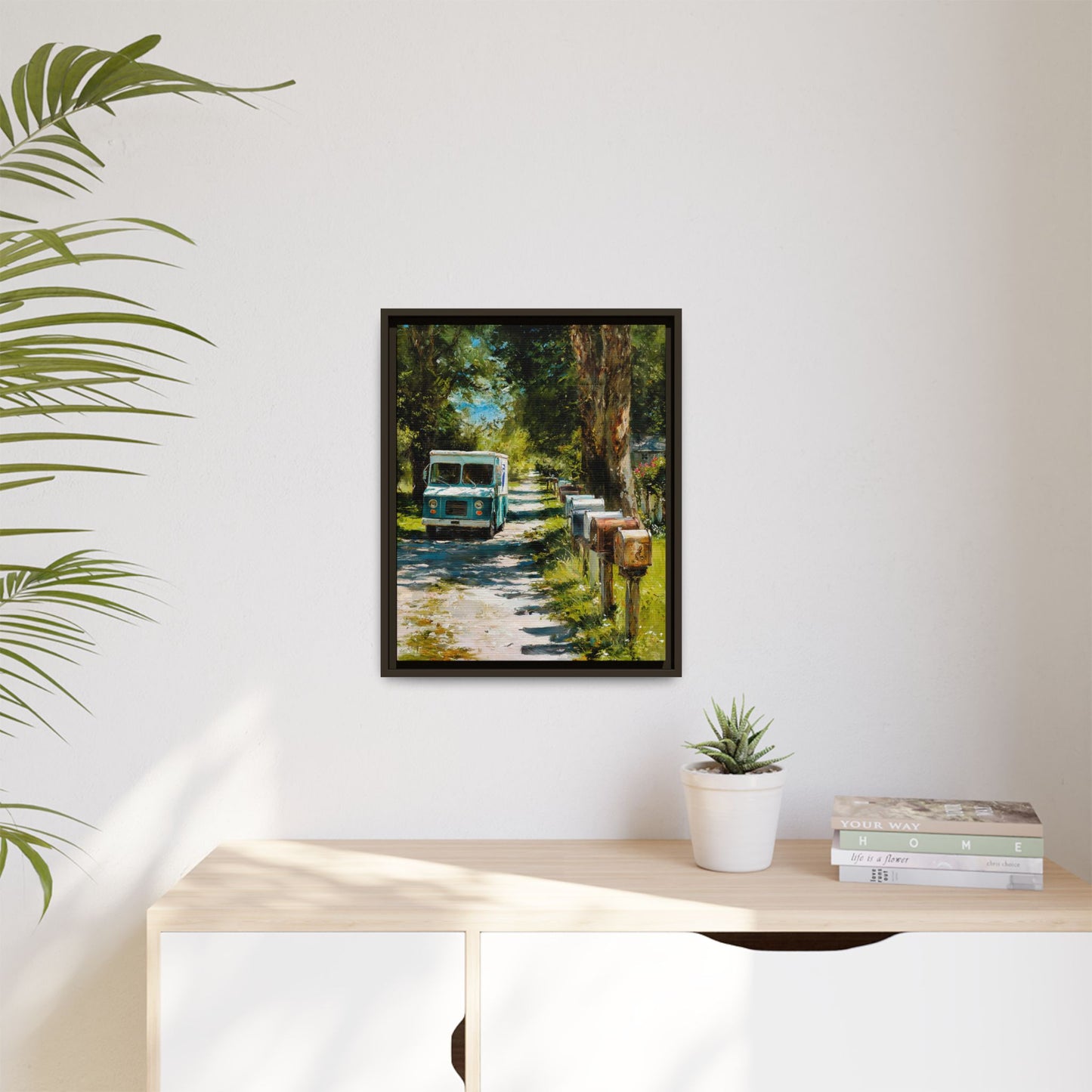 Framed Matte Canvas Print — Vintage Mail Truck on Country Road Wall Art