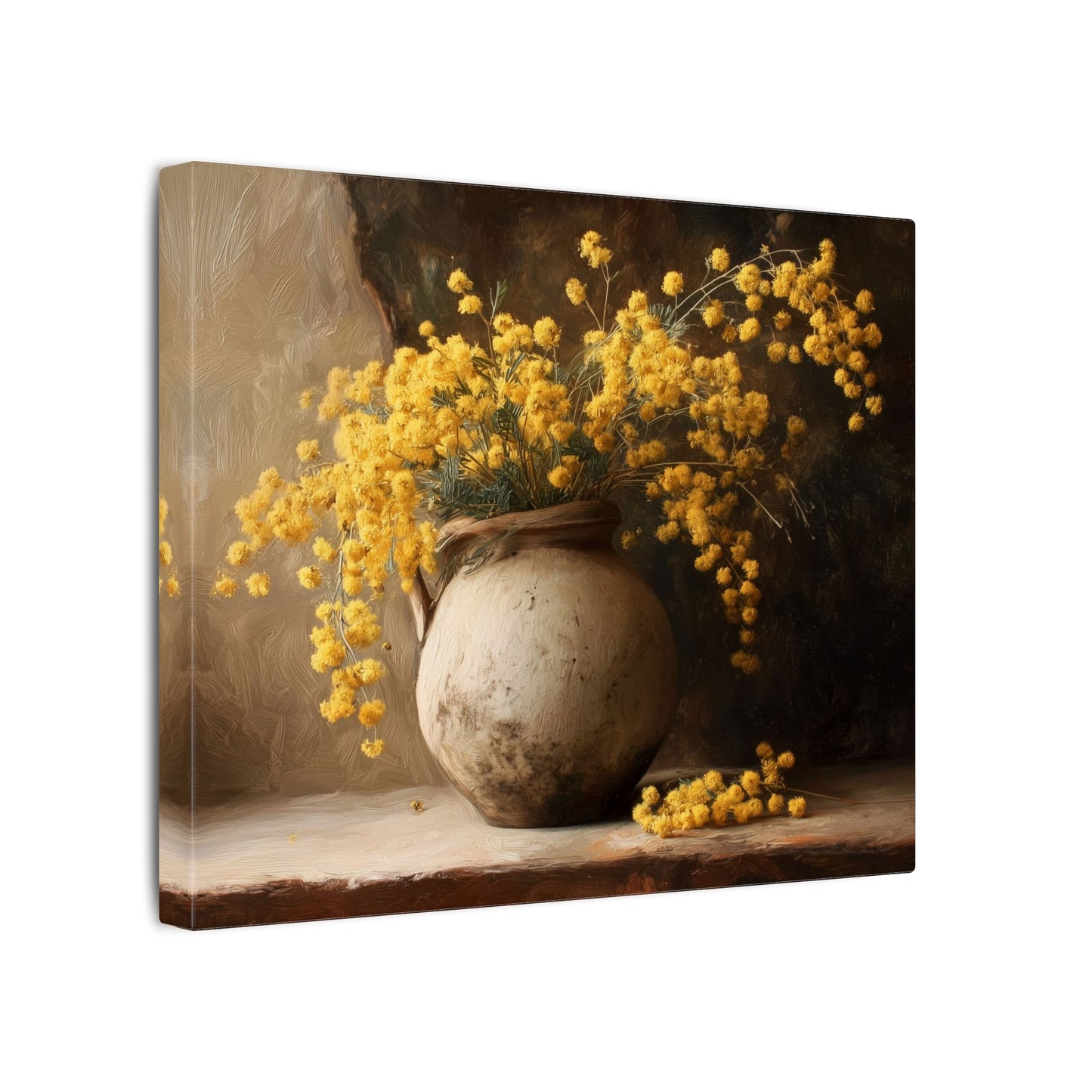 Mimosa Still Life Canvas Print — Rustic Vase Wall Art