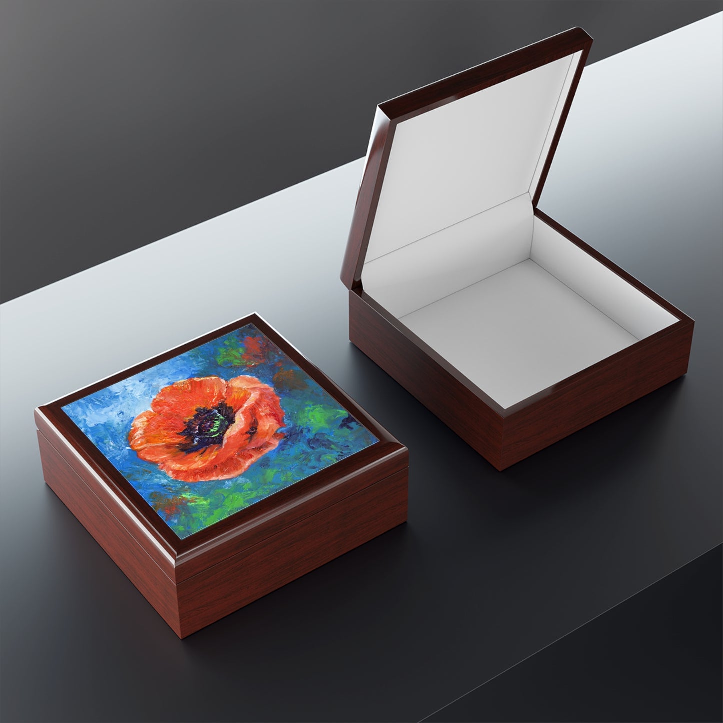 Keepsake/Jewelry Box - Poppy Flower Ceramic Tile Lid interior