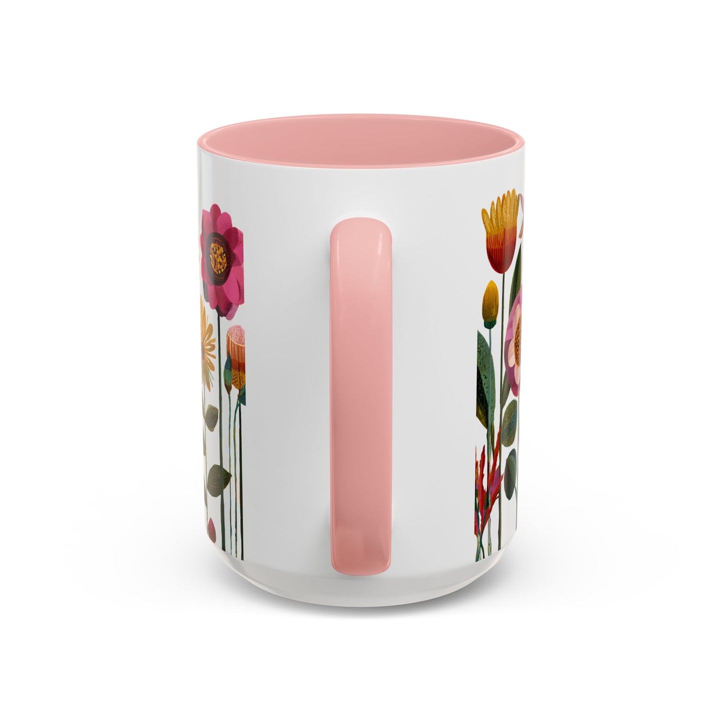 15 oz Pink and white Mug with floral design and pink interior on a white background
