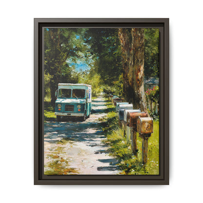 Framed Matte Canvas Print — Vintage Mail Truck on Country Road Wall Art