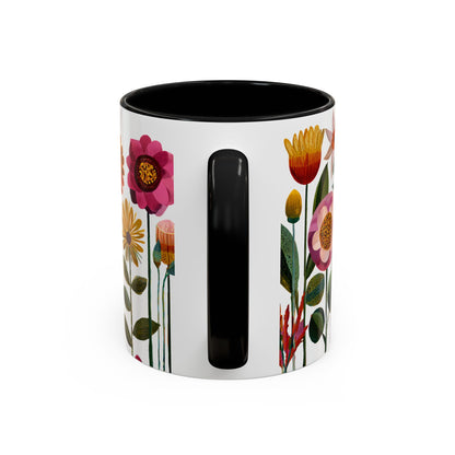 Mug with floral design on a white background with black handle and interior