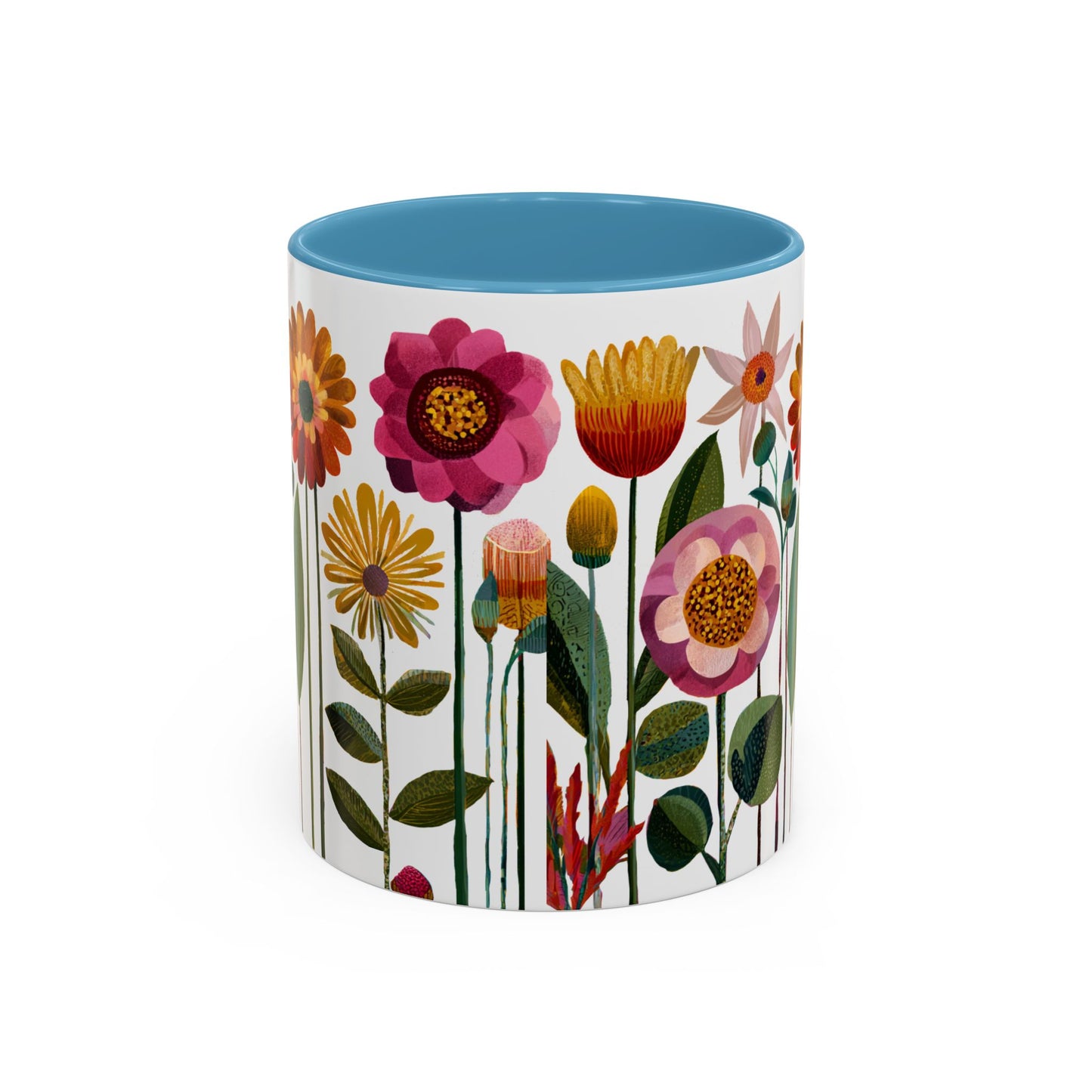Mug with floral design on a white background. Light blue interior and handle