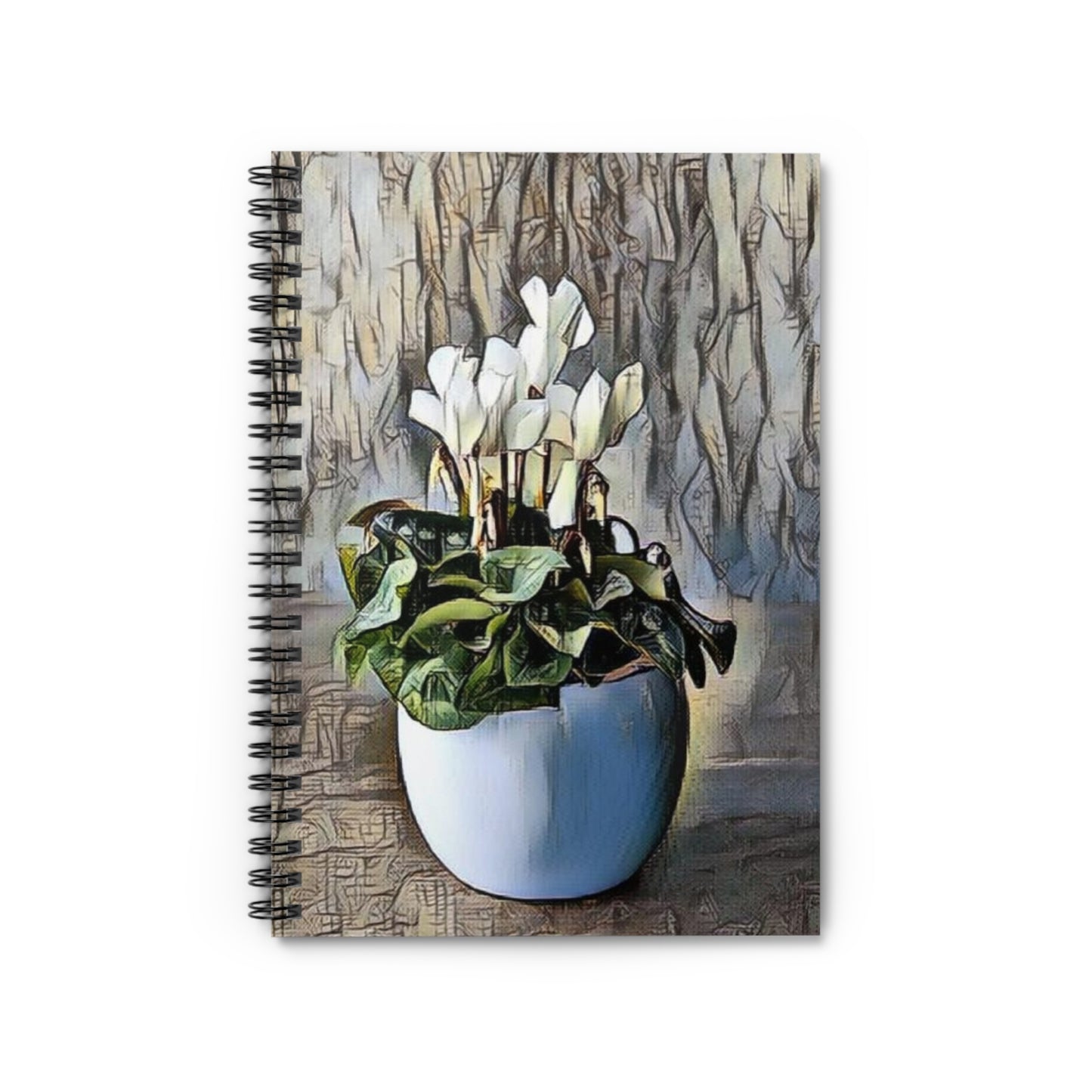 Cyclamen Floral Spiral Notebook — White Potted Plant Journal (Ruled Lined)