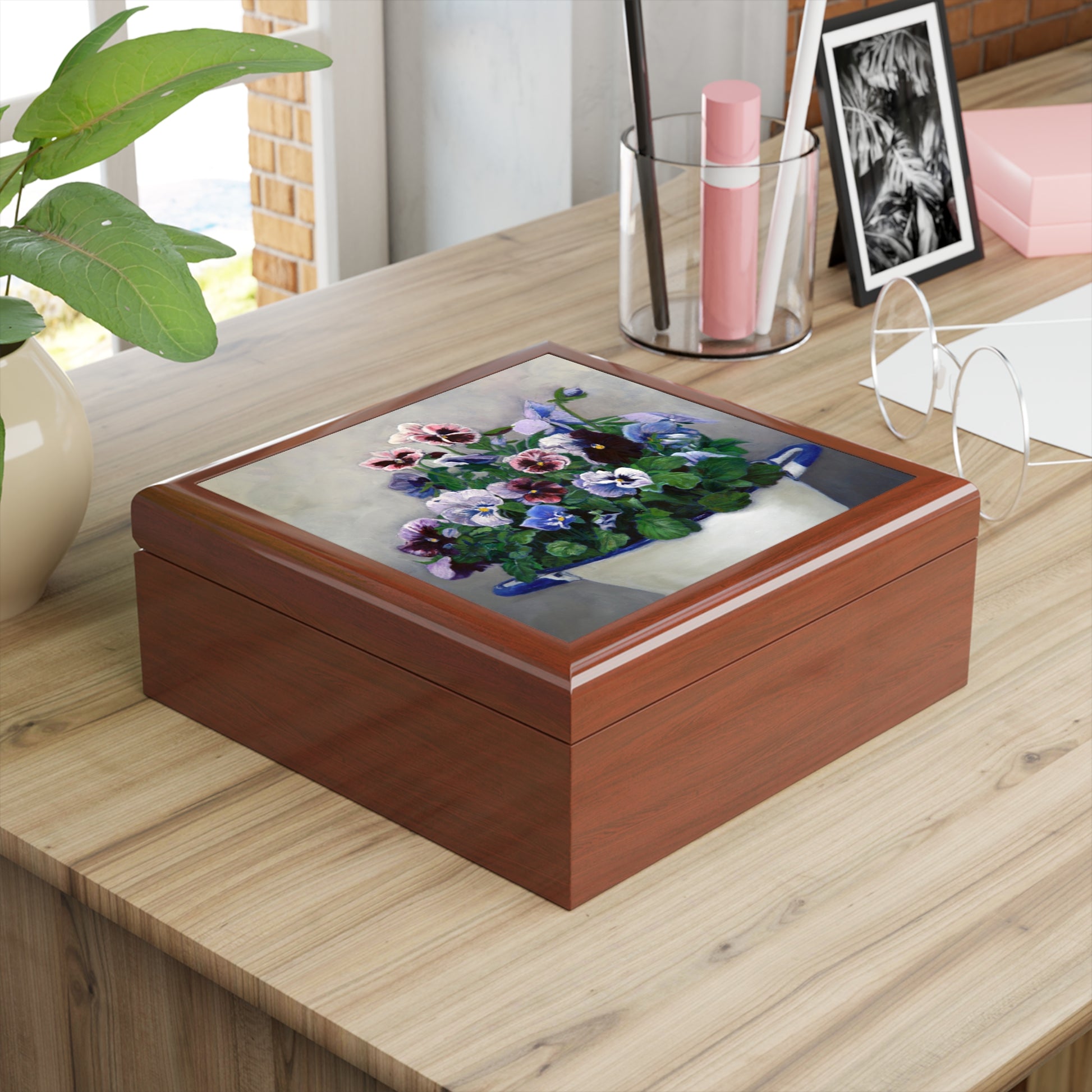 Jewelry/Keepsake Box - Pansies - Lacquered Wood Box  golden oak