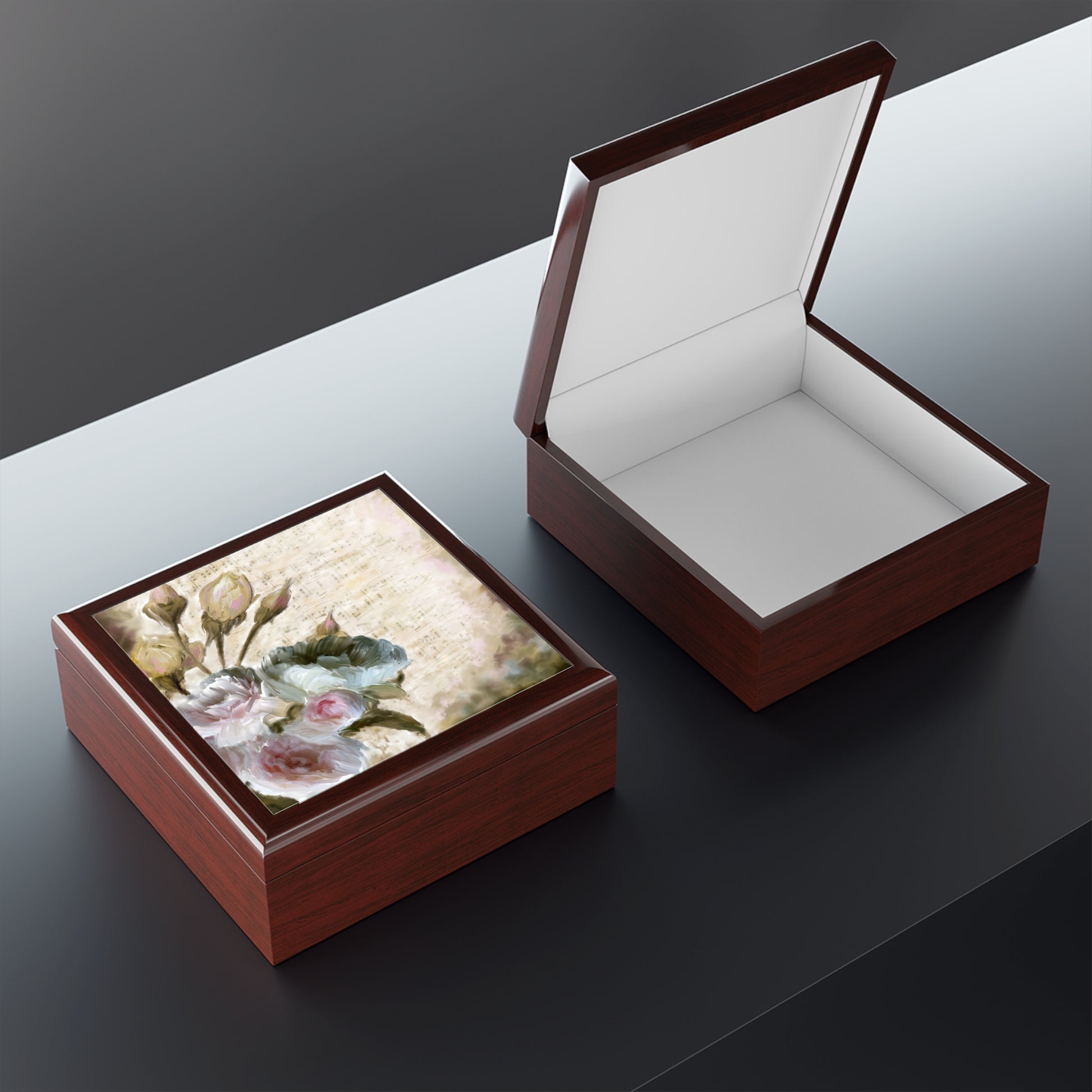 Lacquered Wood Keepsake/Jewelry Box - Roses and Music Notes with lid open