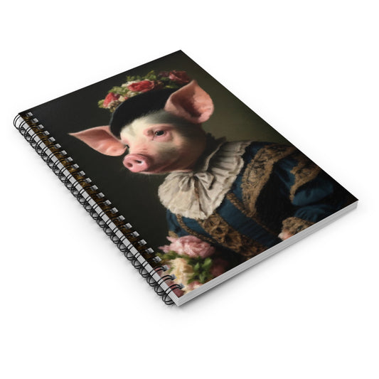 Portrait Pig Spiral Notebook — Vintage-Renaissance Pig in Floral Crown Ruled Notebook