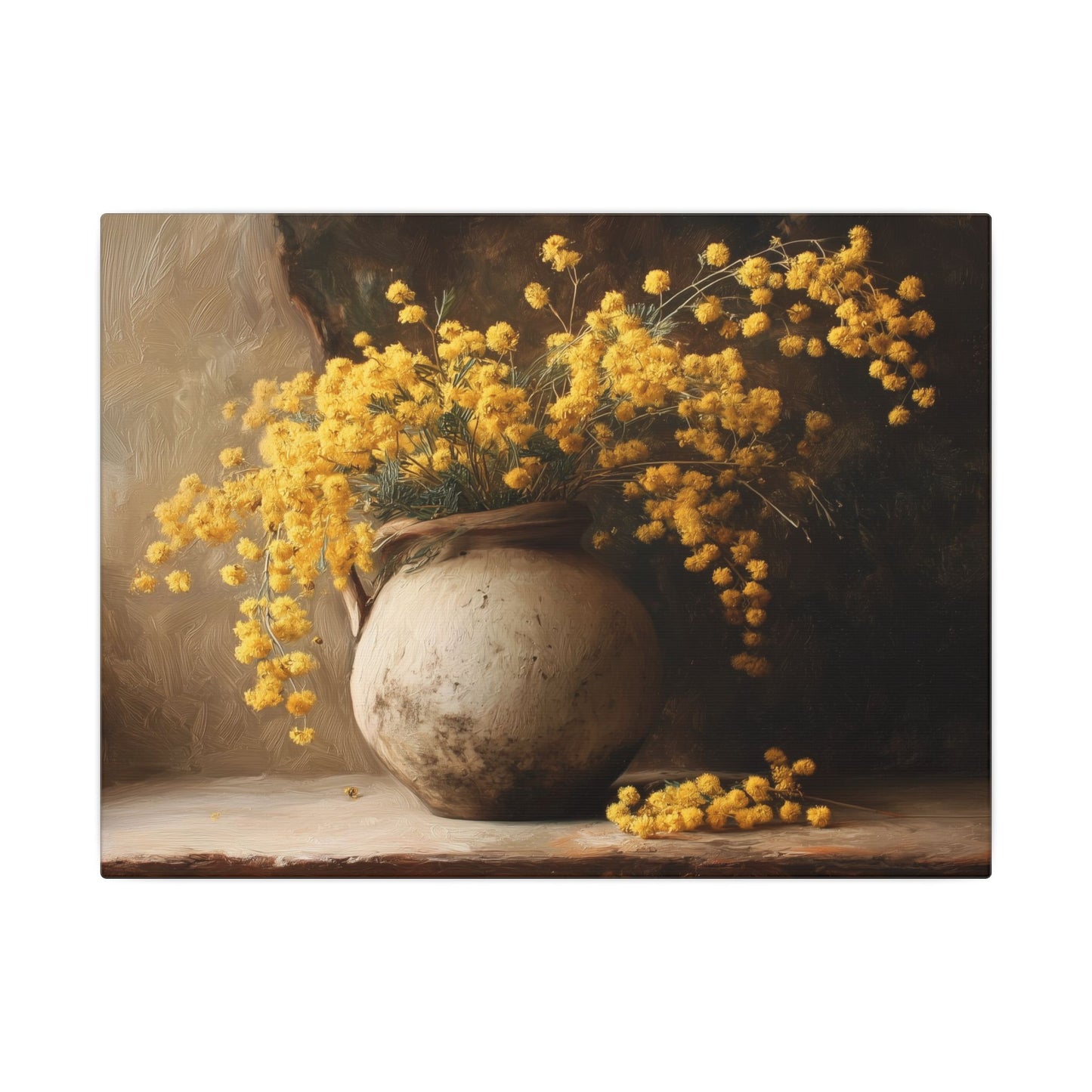 Mimosa Still Life Canvas Print — Rustic Vase Wall Art