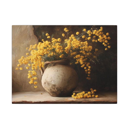 Mimosa Still Life Canvas Print — Rustic Vase Wall Art