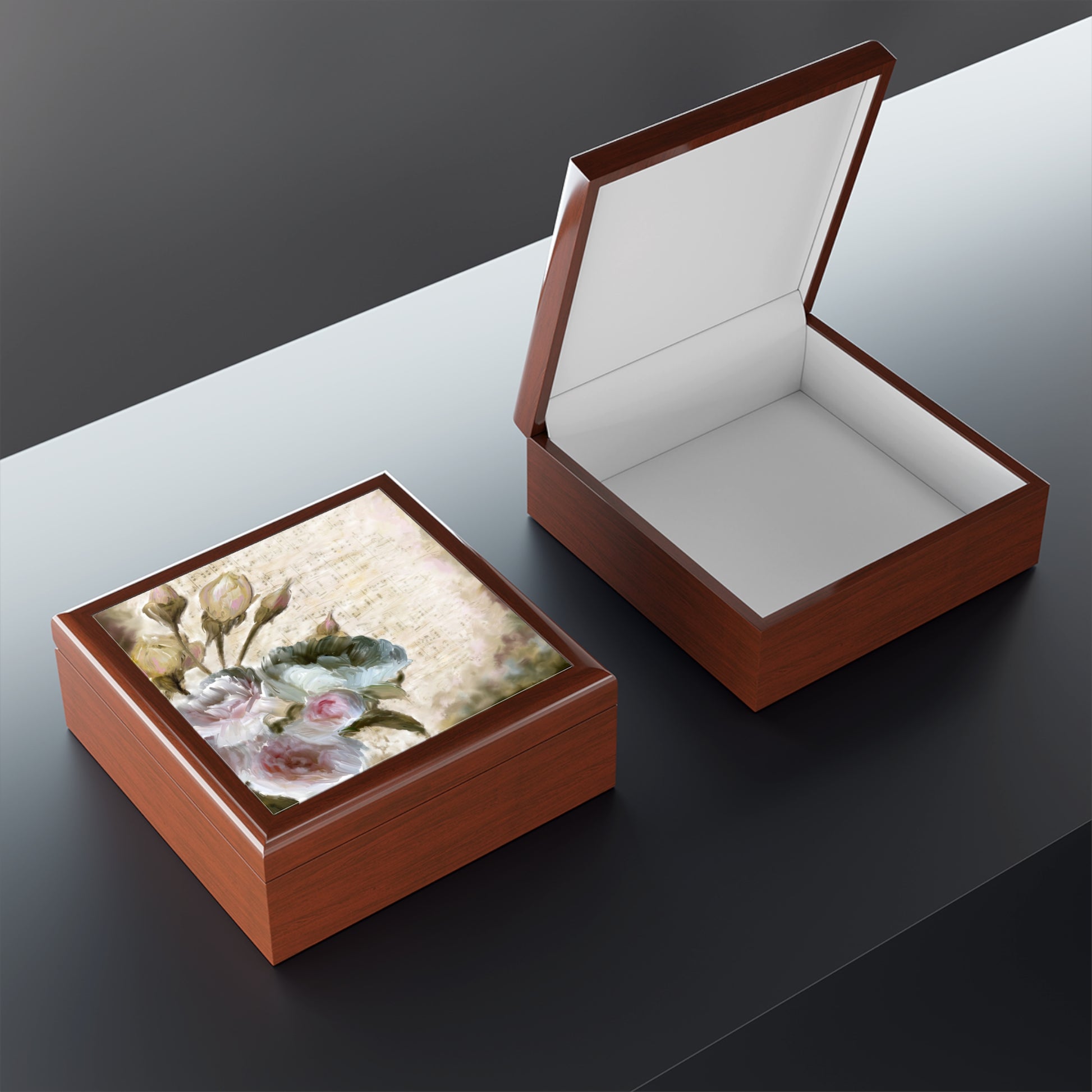 Lacquered Wood Keepsake/Jewelry Box - Roses and Music Notes  box interior