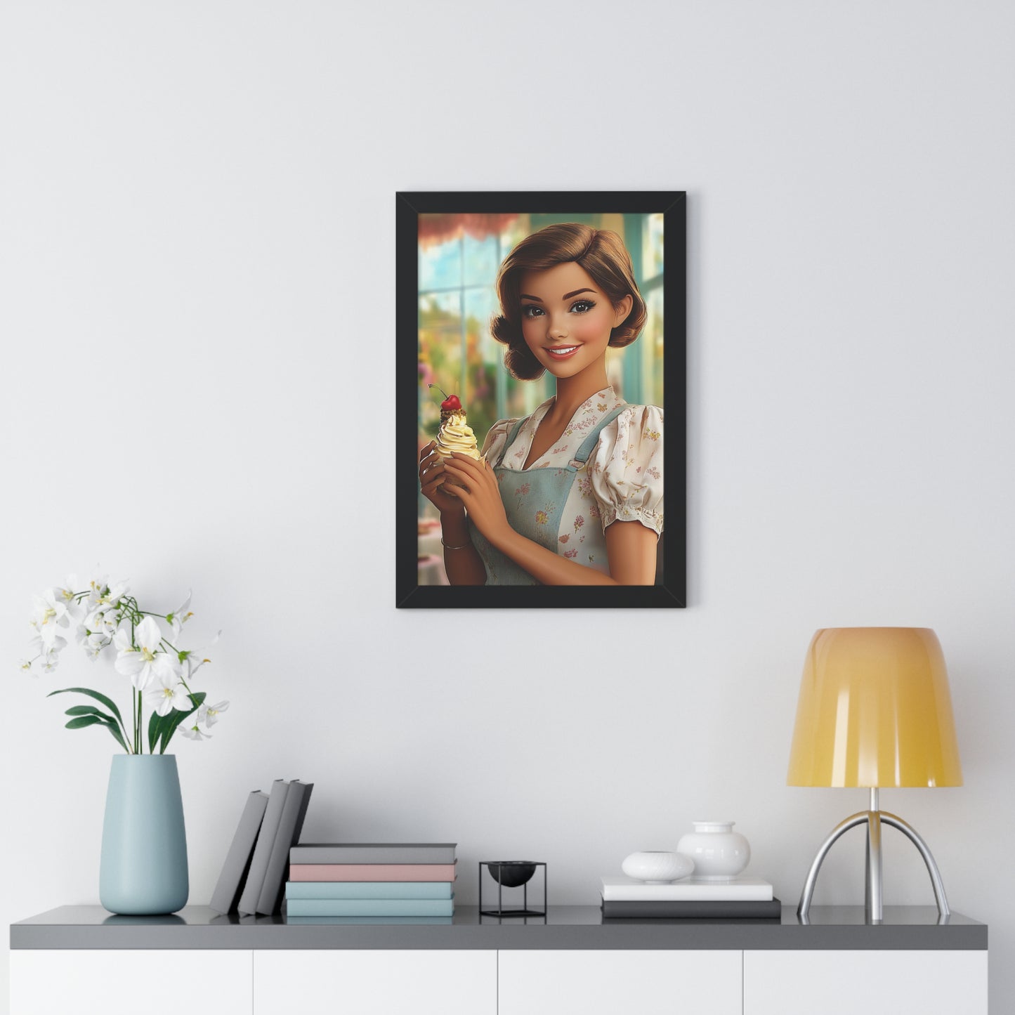 Framed Vertical Poster - Ice Cream Parlor Gal