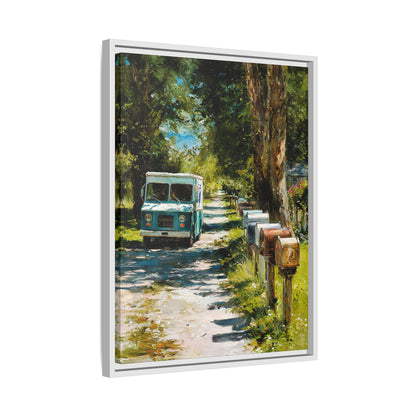 Framed Matte Canvas Print — Vintage Mail Truck on Country Road Wall Art