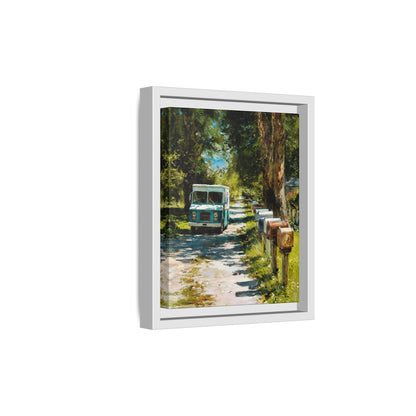 Framed Matte Canvas Print — Vintage Mail Truck on Country Road Wall Art