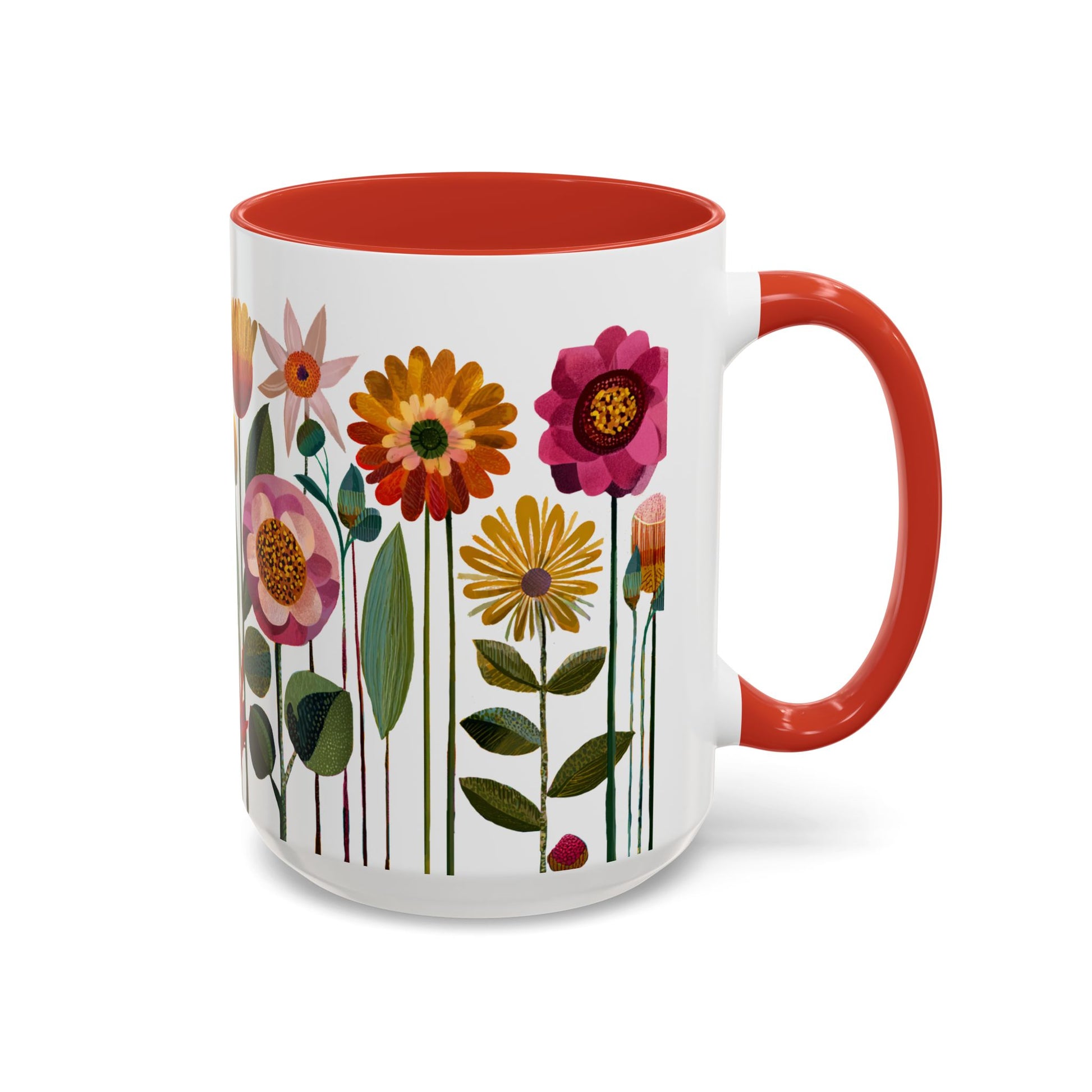 Red nd white 15 oz Mug with floral design and red interior and handle on a white background