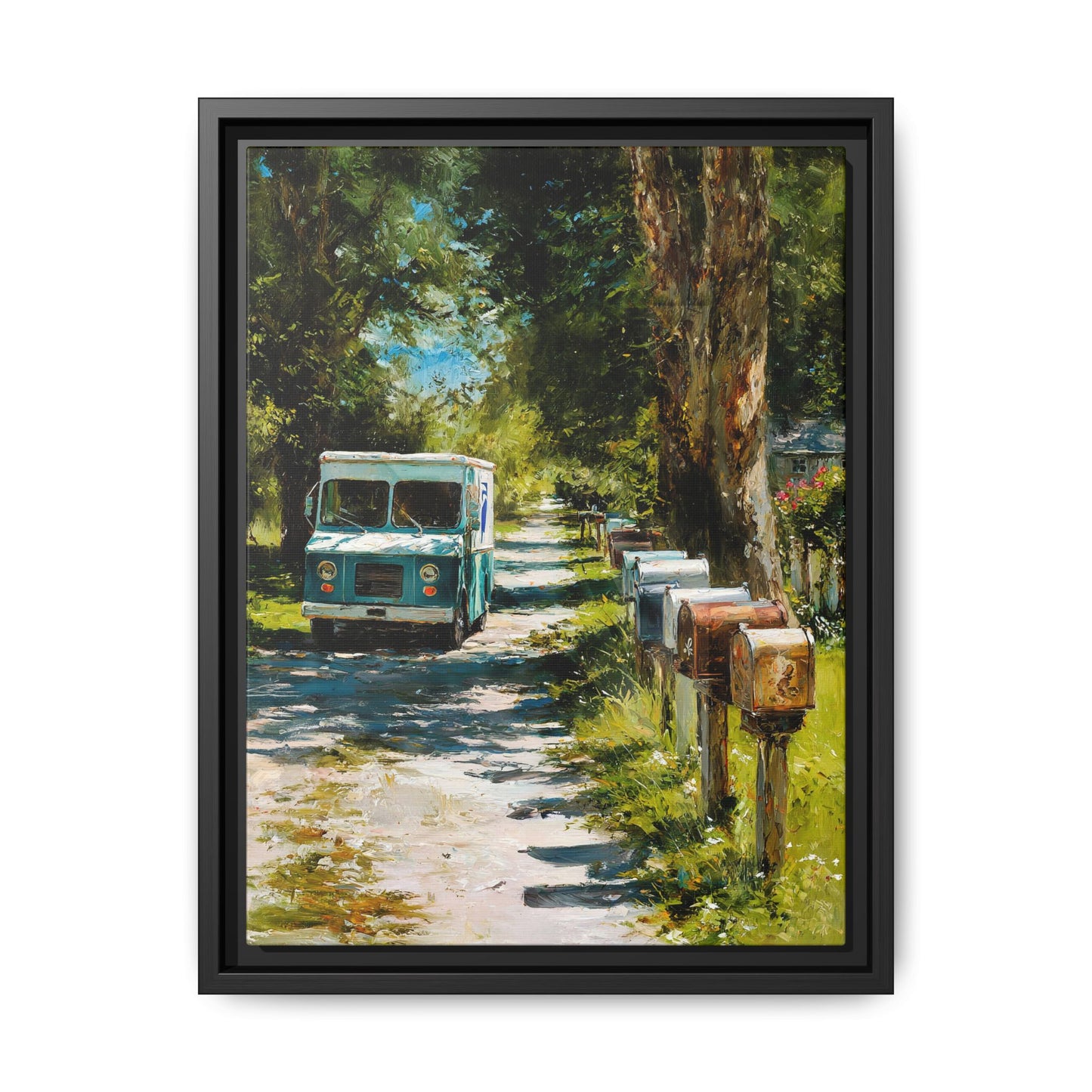 Framed Matte Canvas Print — Vintage Mail Truck on Country Road Wall Art