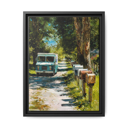Framed Matte Canvas Print — Vintage Mail Truck on Country Road Wall Art