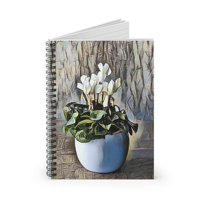 Cyclamen Floral Spiral Notebook — White Potted Plant Journal (Ruled Lined)