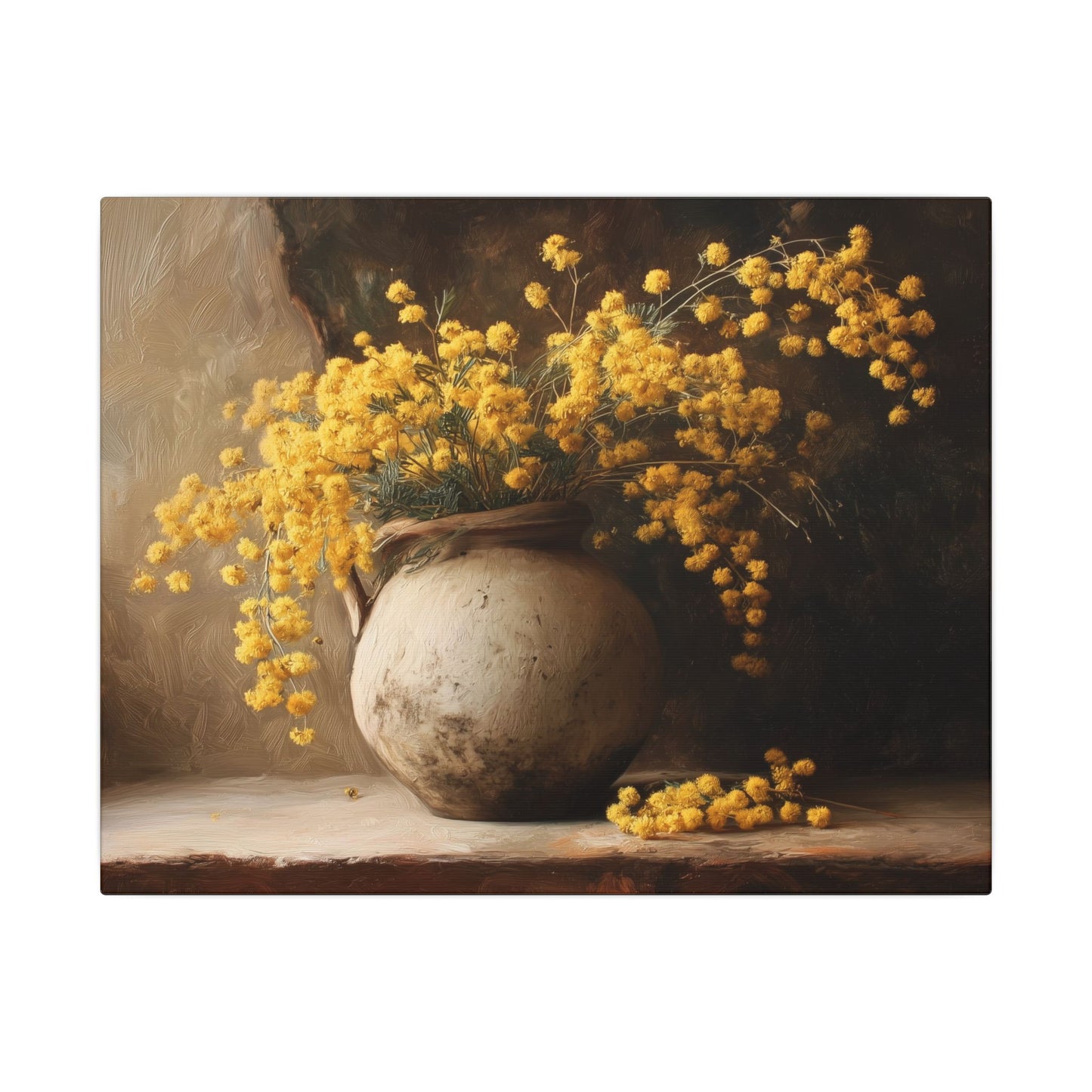Mimosa Still Life Canvas Print — Rustic Vase Wall Art